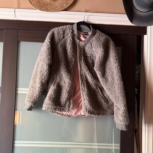 Patagonia Kids Fuzzy Puffer Jacket in Taupe with Pink Lining